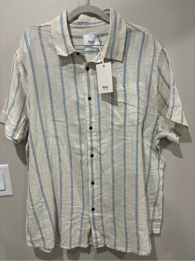 Katin Cream Short Sleeve Button-Down Shirt with Blue Stripes
